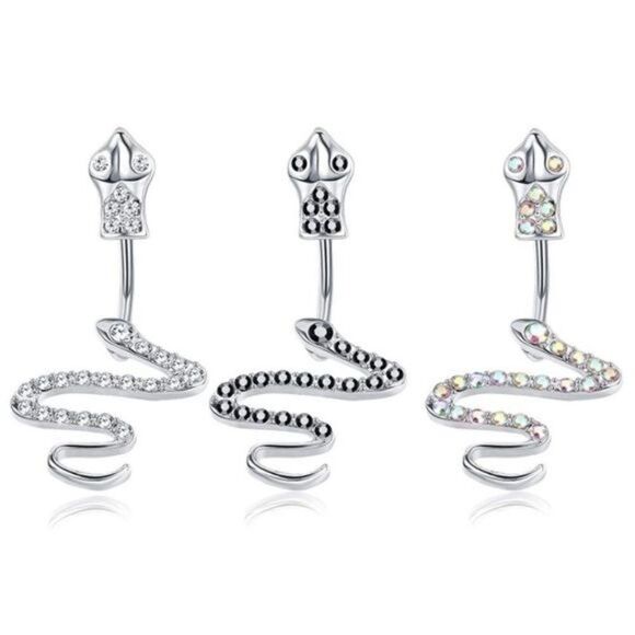 Set of 3 - 14G 316L Stainless Steel and Crystal Snake Belly Rings - Picture 1 of 4